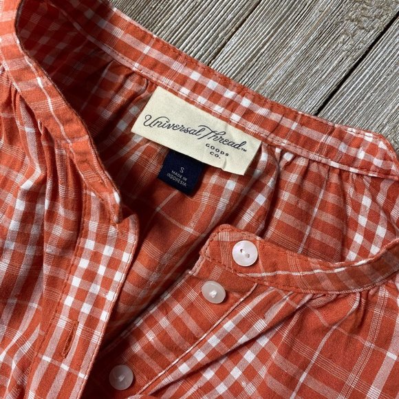 Universal Thread S Orange White Plaid Oversize Button Popover Balloon Sleeve Top - Picture 12 of 12